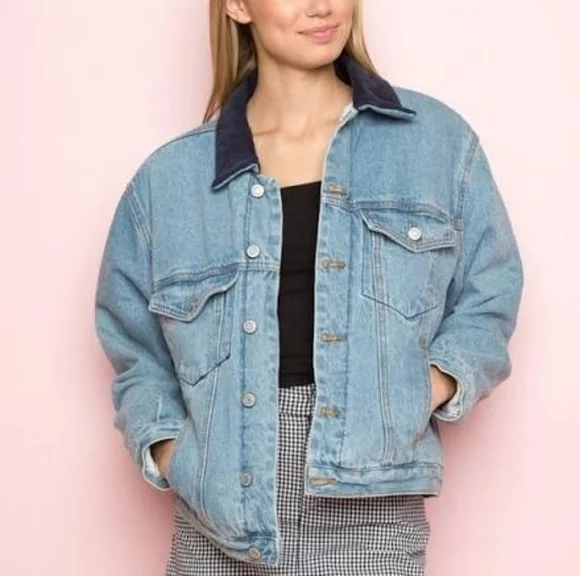 Brandy Melville John Galt Blue Medium Wash Corduroy Collar Sherpa Denim Jacket - Picture 2 of 9